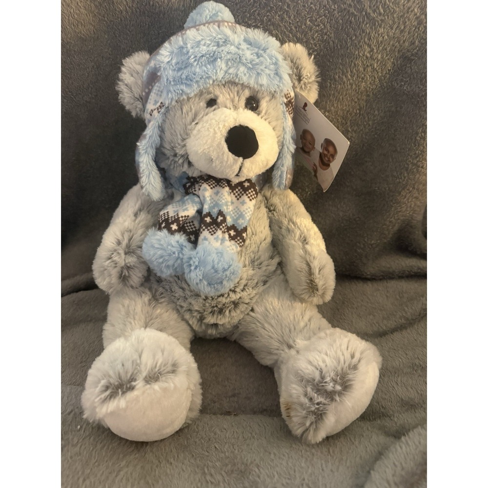Hugfun International Winter Bear Plush Stuffed Animal Gray Blue 17" Scarf Hat